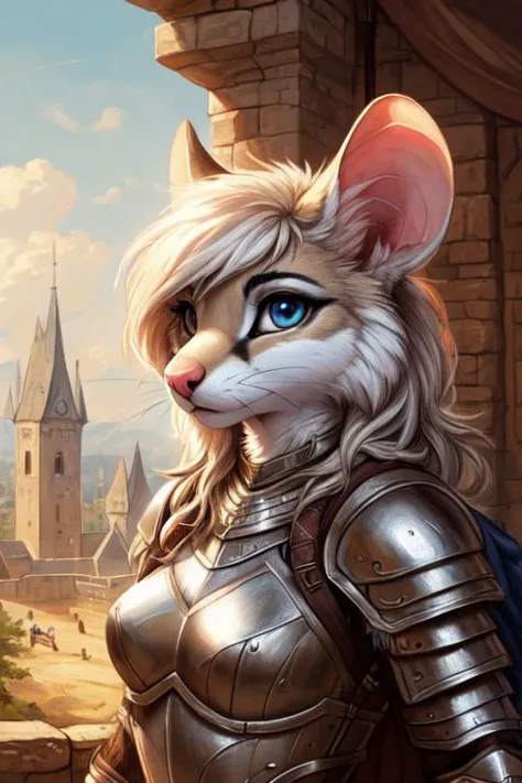 (mouse:1.2), (fluffy:1.2), (anthro:1.2), (furry:1.2), female, (armor:1.2), (medieval armor:1.2), (tail:1.2), (detailed eyes:1.3)...
