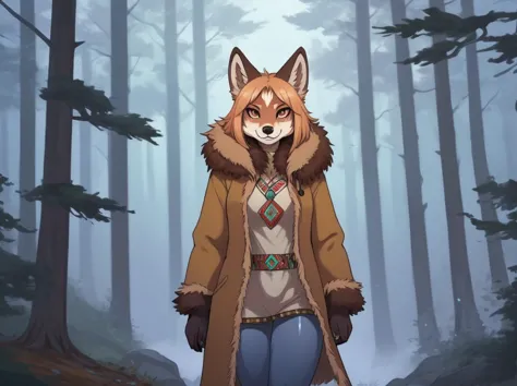 a furry female foc, wearing thick pelt coat, in a foggy forest, germanic tribal style, anime style, thick cartoon outline