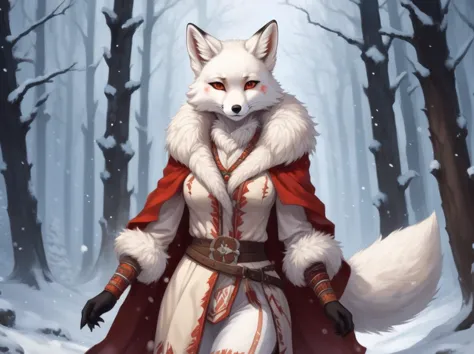 a close up of a person in a red cape and a white fox