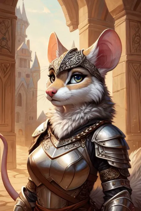 a close up of a cat dressed in armor with a mouse