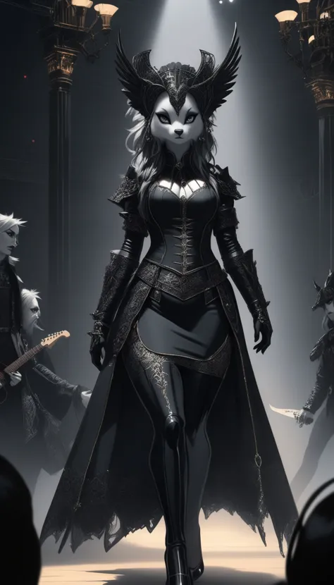 a woman in a black outfit and a horned mask walks through a stage