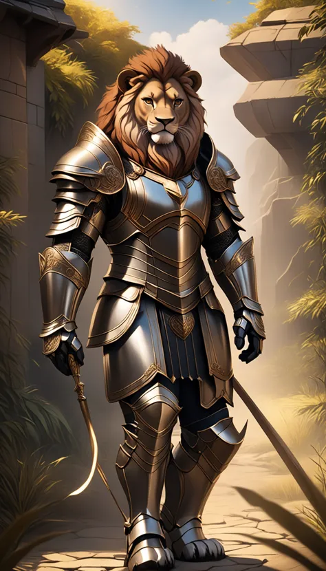 a lion in armor poses for a picture, cinematic close shot