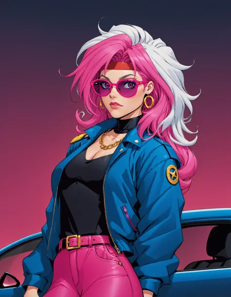 a woman with pink hair and sunglasses standing next to a car