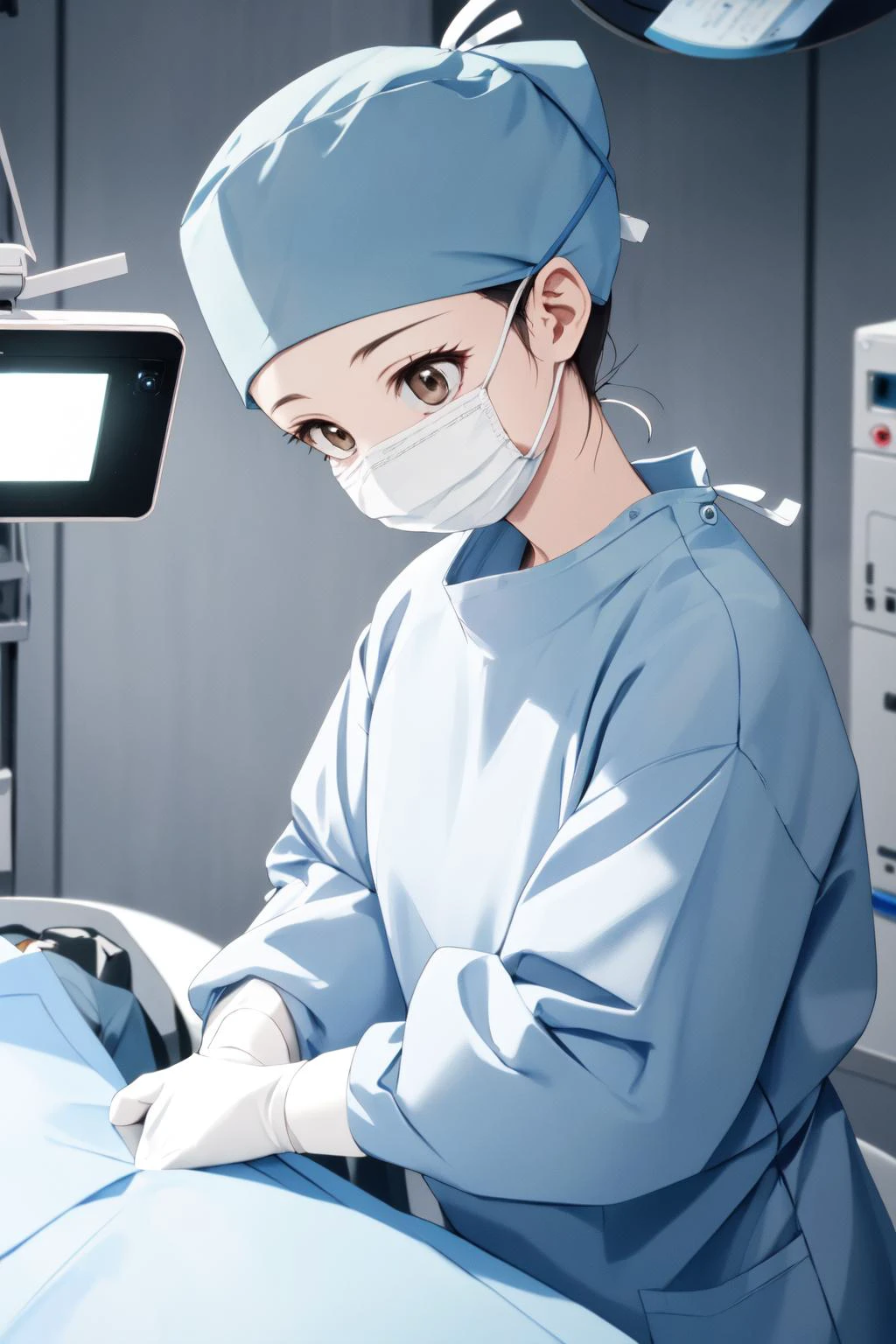 (Foto CRU, melhor qualidade), 1 garota, roupa cirúrgica de manga comprida, máscara cirúrgica,  luvas cirúrgicas, touca cirúrgica,  sala de operação, luz cirúrgica suspensa, fundo desfocado, focado enquanto Takamoto