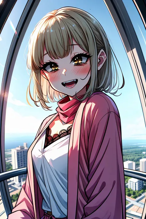 anime girl with blonde hair and pink jacket looking out of a window