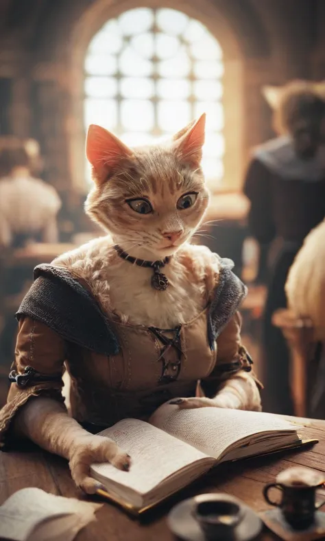 score_9, score_8_up, score_7_up, break, medieval fantasy, female cat, furry, reading a book, tavern, rim lighting, depth of fiel...