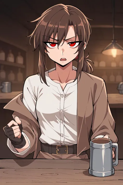 Score_9, score_8_up, score_7_up, score_6_up, 1girl, , close up, low_ponytail, stitting, tavern, dimly lit, holding tankard, open mouth, annoyed,brown hair, [messy hair], quiff, tall, brown medieval jacket, grey button shirt, toned, red eyes, fingerless gloves, , small breasts <lora:hotarueye_jitome13_v100:.5>,hotarueye,jitome