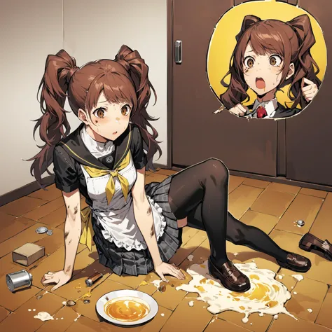 rating: general, 1girl, dsrise from persona, cooking fancy soup on a stove but it goes very wrong, glorious accident, stunning s...
