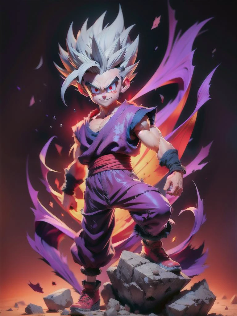 masterpiece, best quality, ultra-detailed, Adult Gohan 1boy, solo, Full body, evil smile, grey hair, spiked hair, (((red eyes))), (((perfect eyes))), (((PURPLE dougi))), full body, looking at viewer, male focus, earth \(planet\), planet, space, cracked ground and lots of rocks rising up, lots of debris going up, perfect hands . Cute, chibi, 