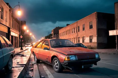 analog gloomy photo of a red Renault Fuego car, <lora:fu3g0:1>, (crashing other cars in a race to the death in the city (at nigh...