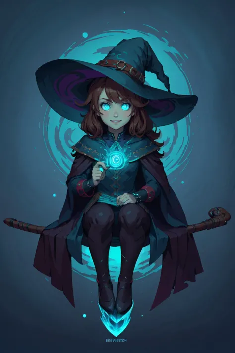 a drawing of a witch sitting on a broom with a glowing ball