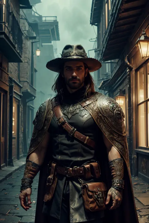 a man in a hat and leather outfit standing in a narrow alley