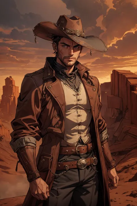 a man in a cowboy hat and trench coat standing in the desert