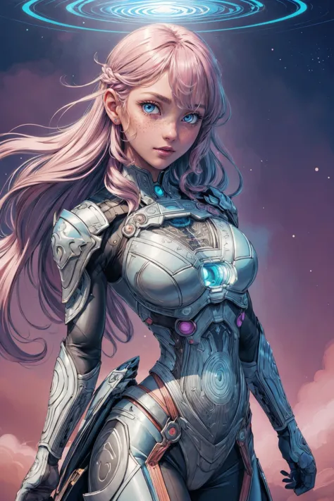 a woman in a futuristic suit with a halo above her head