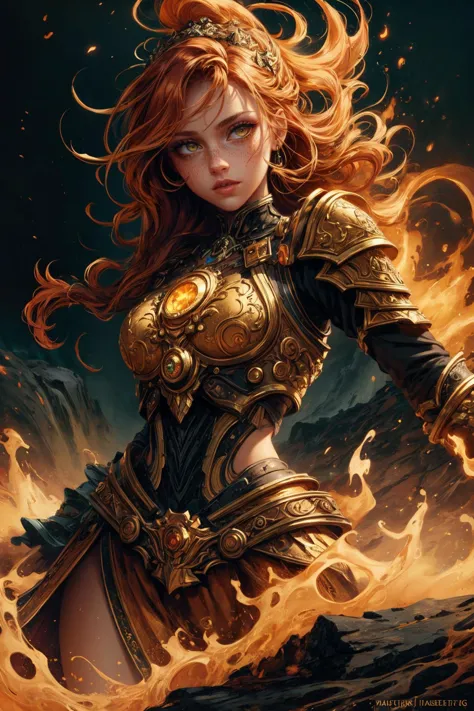 a woman with red hair and armor holding a sword in flames