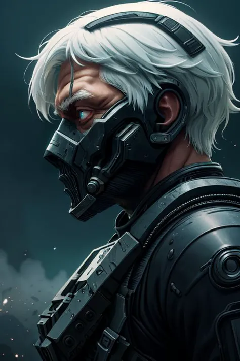 a man with white hair and a gas mask on