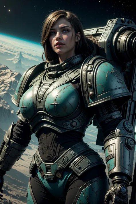 a woman in a sci - fiction outfit standing in front of a planet