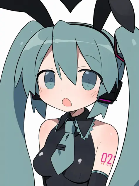 Masterpiece, best quality, best work, beautiful face, striking pose, hatsune miku, blue hair, excited, :o. bunny suit, body suit,