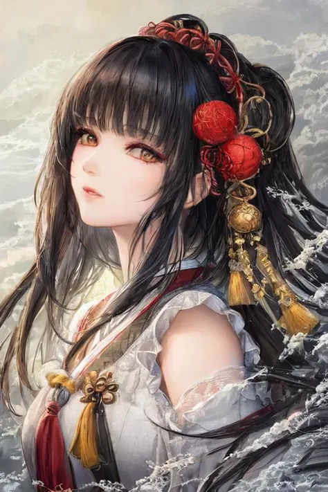 a woman with long hair and a red flower in her hair