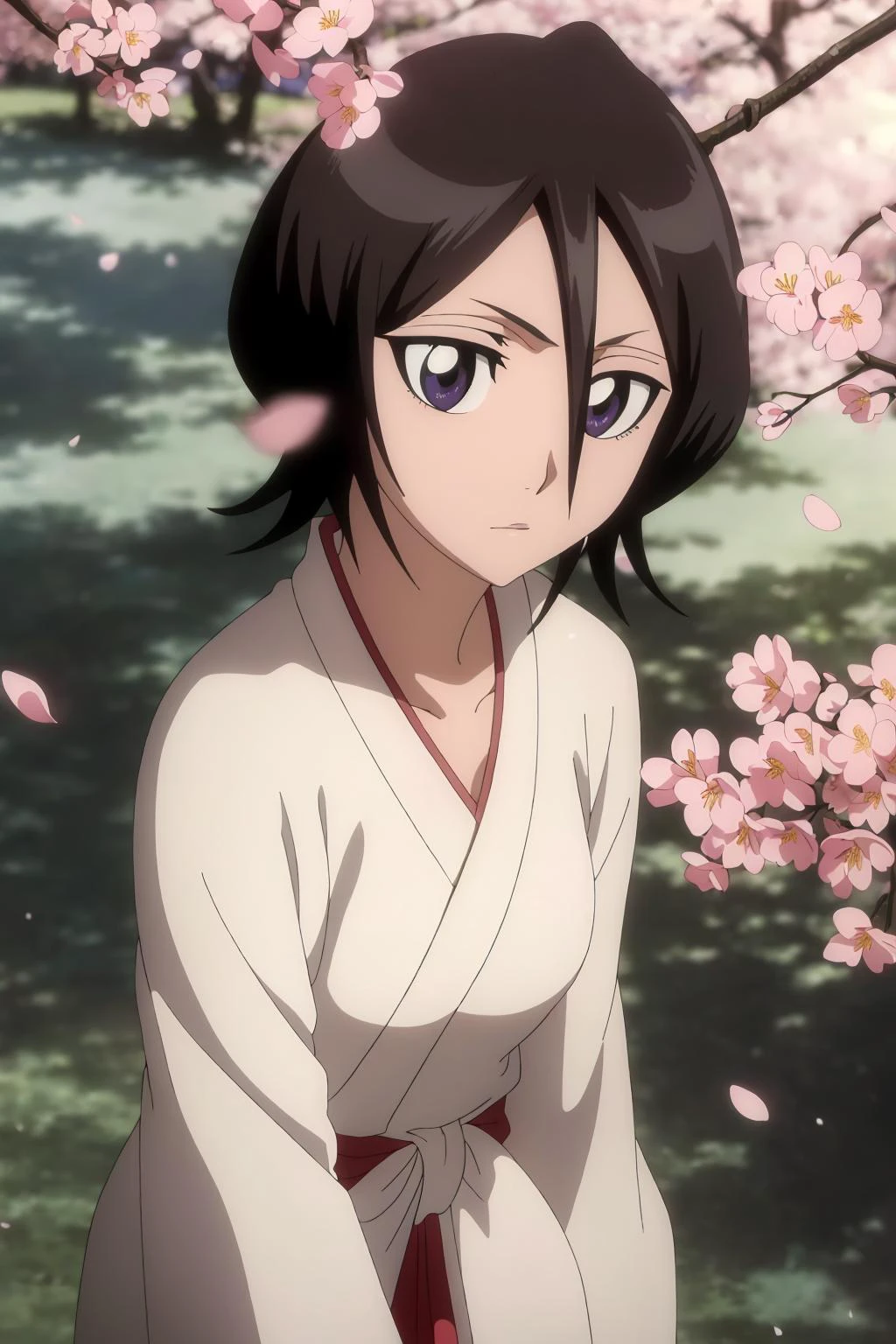 ((best quality)),((highly detailed)),masterpiece,absurdres,detailed face,beautiful face,(detailed eyes, deep eyes),1girl,((dynamic pose)) ,   Rukia, black hair, breasts, short hair, hair between eyes, purple eyes, small breasts,standing, in front of cherry blossoms, (traditional kimono:1.3), (gentle breeze carrying petals:1.3), (cherry blossoms in full bloom:1.4), (soft sunlight filtering through branches:1.3), (tranquil expression:1.2), (petals falling around:1.3), cowboy shot