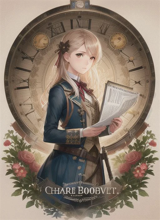 Charlie Bowater 的现实主义石印素描肖像画, 花朵, [齿轮], 管道, 柴油朋克, 多彩丝带, 旧纸张纹理, 非常详细