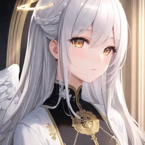 masterpiece, best quality, ultra-detailed, illustration, close-up, straight on, face focus, 1girl, white hair, golden eyes, long hair, halo, angel wings, serene expression, looking at viewer