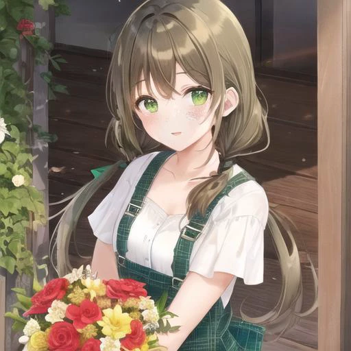 1girl, solo, brown hair, looking at viewer, long hair, green overalls, shirt, green eyes, twintails, low twintails, parted bangs, braid, front braid, bangs, flower, holding bouquet, freckles