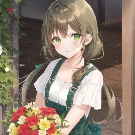 1girl, solo, brown hair, looking at viewer, long hair, green overalls, shirt, green eyes, twintails, low twintails, parted bangs...