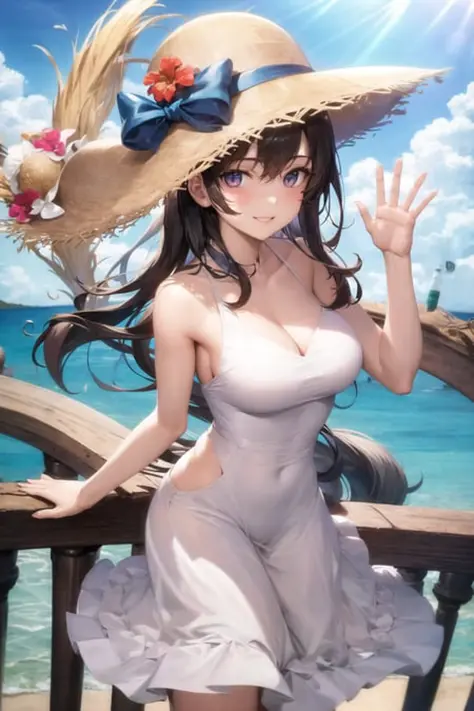 absurdres, 1girl, ocean, railing, white dress, sun hat, smile, (realistic:0.75), (waving:0.9),