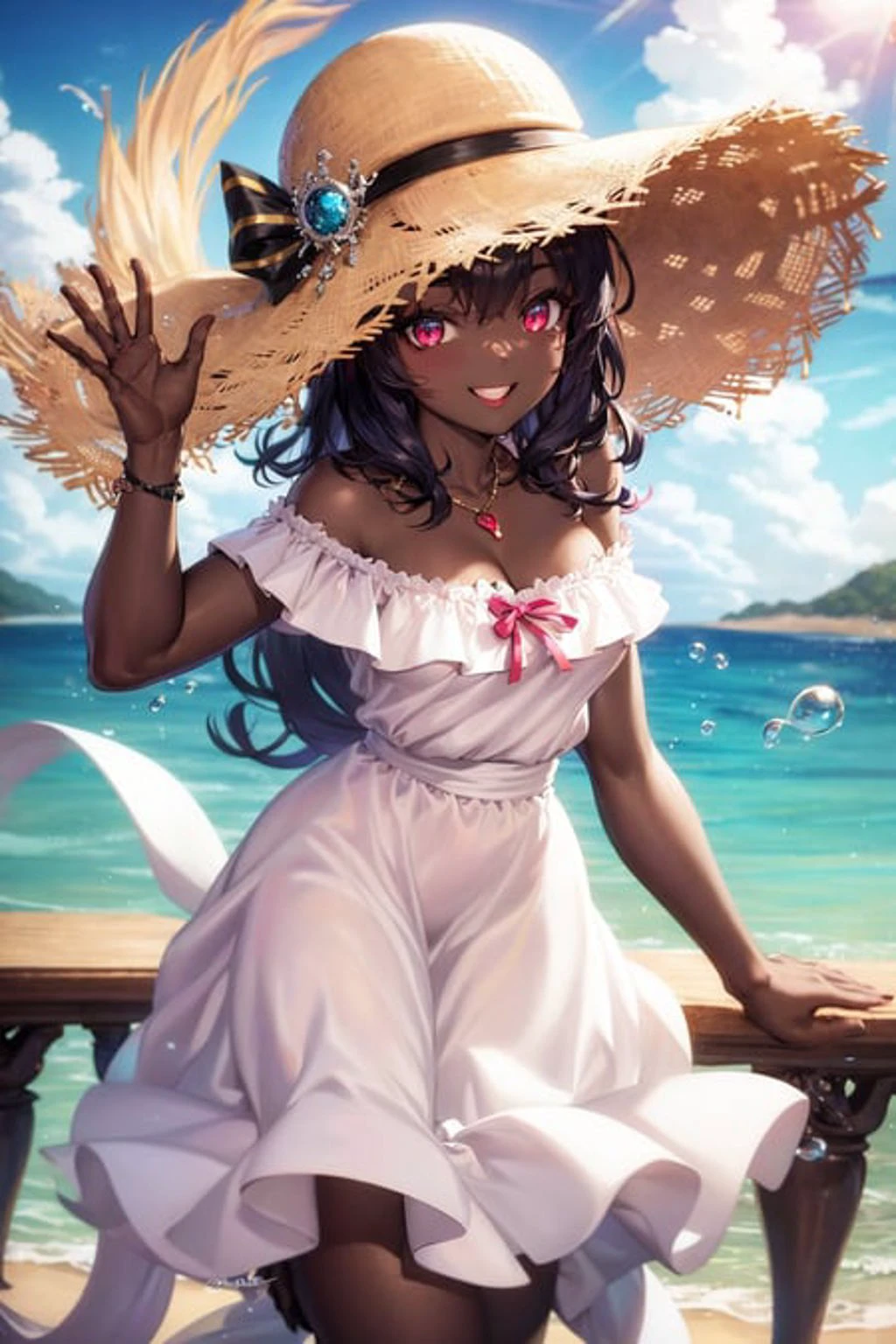 absurdres, blackskin, 1girl, ocean, railing, white dress, sun hat, smile, (realistic:0.75), (waving:0.9),