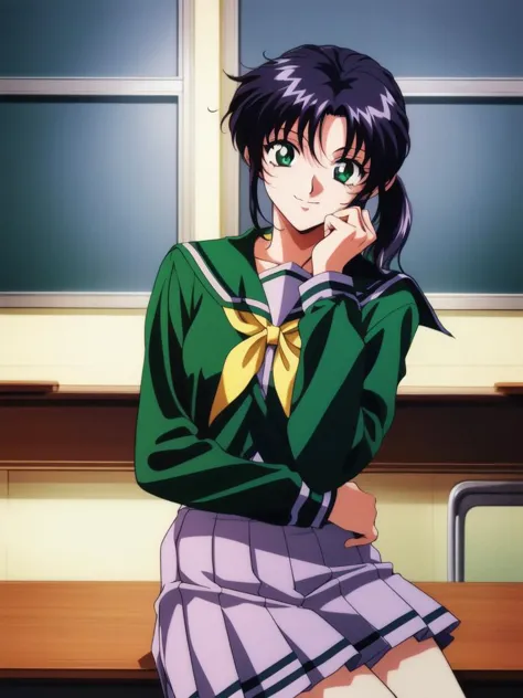 <lora:Tachibana_Yumi:0.8>,  TachibanaYumi, 1girl, solo, school uniform, 1990s (style),  green shirt, skirt, smile, short hair, l...