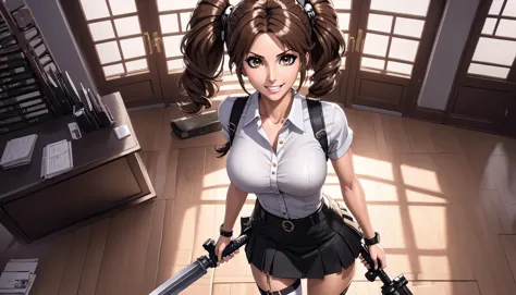 anime girl with two swords standing in a room with a window