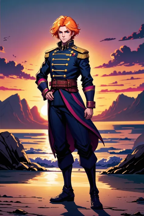 rough digital painting, (full body:1.2), 1boy, man, masculine, solo, [:epic costume design,:0.2] admiral, caucasian, vivid sunse...