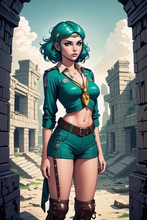 1girl, woman, (lead lady scout:1.3), pose,, (silk shirt:1.2) [:wild costume design:0.2], bombshell hair, muted sea green hair wi...