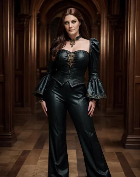 medieval style breathtaking cinematic photo <lora:quiron_FloorJansen_v12_lora:0.57> quiron_FloorJansen, (realistic),  
  a woman wearing  Ruffle top and Bell-sleeve pants: Pants with flared, bell-shaped hems at the bottom.,      . 35mm photograph, film, bokeh, professional, 4k, highly detailed . award-winning, professional, highly detailed . historical, ornate, religious, gothic