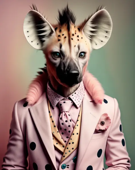 photo portrait,  a hyena dressed in a fancy outfit with a pink collar and a pink tie and a pink jacket with polka dots on it , A...