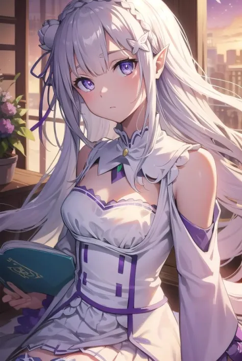 rezeroemilia, emilia, braid, crown braid, flower, hair flower, hair ornament, hair ribbon, long hair, pointy ears, (purple eyes:1.2), white hair, x hair ornament,
BREAK detached collar, detached sleeves, frilled sleeves, frills, long sleeves, miniskirt, pleated skirt, ribbon, skirt, thighhighs, white skirt, white sleeves, white thighhighs, wide sleeves, zettai ryouiki,
BREAK outdoors, city,
BREAK looking at viewer, BREAK (masterpiece:1.2), best quality, high resolution, unity 8k wallpaper, (illustration:0.8), (beautiful detailed eyes:1.6), extremely detailed face, perfect lighting, extremely detailed CG, (perfect hands, perfect anatomy),