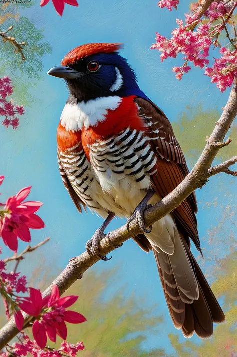 A Impressionism inspired artwork with Silk, highlighting the Fantasy in Red-chested Cuckoo.