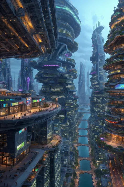 futuristic city with a river and a bridge in the middle