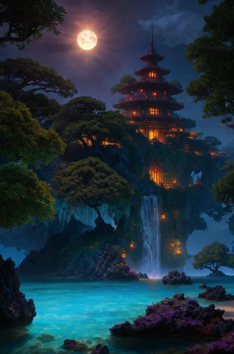 a painting of a waterfall and a pagoda in the middle of a forest