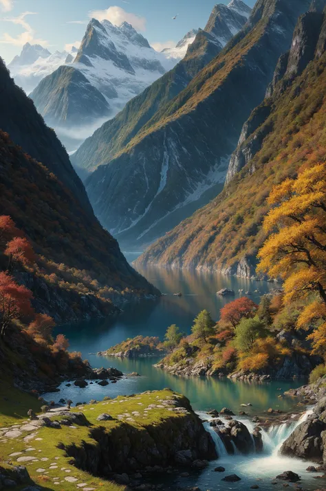 mountains and a river in a valley with a mountain in the background