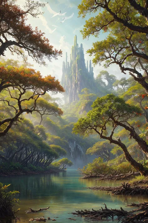 a painting of a forest with a castle in the background