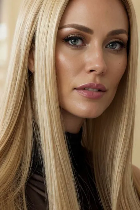 a close up of a woman with long blonde hair and a black top