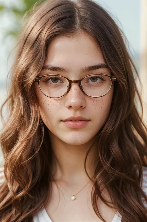 a close up of a woman with glasses and a necklace