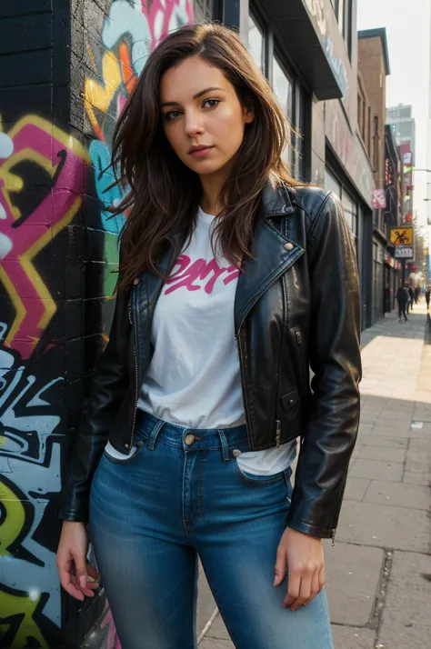 Dynamic street scene, 35yo woman, brunette hair, (urban fashion), leather jacket, skinny jeans, graffiti background, city life, casual style, 4k, high resolution, daylight, lively, realistic textures, urban landscape, street photography, casual pose, natural lighting, high-quality image, vivid colors.