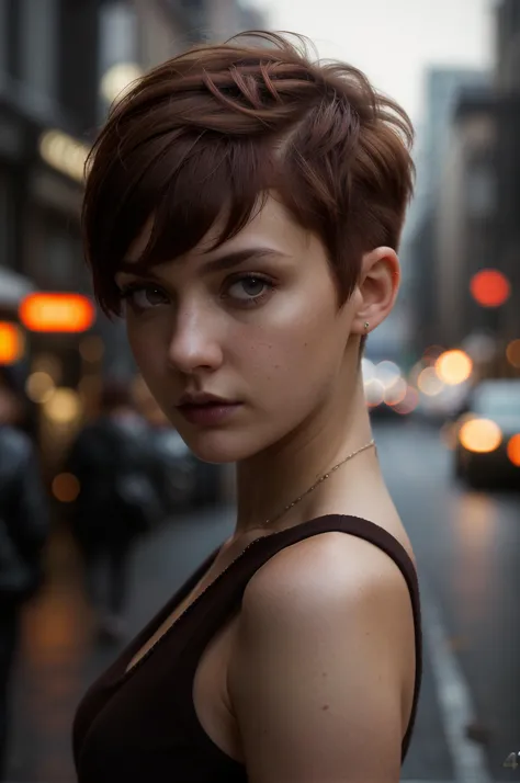 (Close-up), (intense gaze), young woman, ((dark brown eyes)), redhead, (short haircut), (pixie style), urban setting, (4k), (ultra hd), (confident pose), (high resolution), (detailed), (moody lighting), (professional camera), (street style), ((urban fashion)), ((soft skin)), mysterious, (city background), (modern), (trendy look), (artistic), (high-quality portrait)