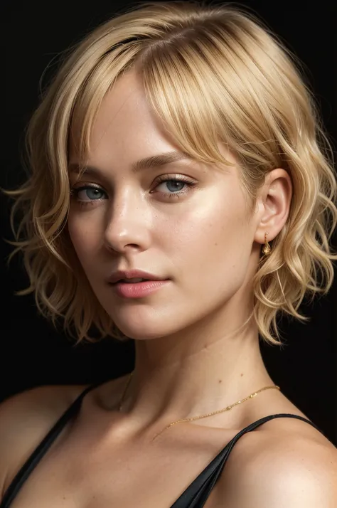 [face closeup], looking at the camera, beautiful 40yo woman, (golden skin), blonde hair, short hair, [curly bob cut], dark theme, [detailed skin], empty background, [4k], [full hd], [posing], [sharp image], [high quality], [detailed], [dramatic lighting], [dslr], [professional photographer]