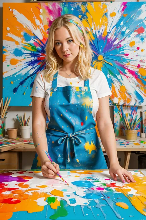 a woman in an apron painting on a large canvas with paint