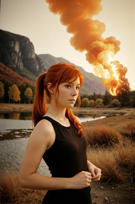 arafed woman in black dress standing in front of a lake with smoke coming out of it