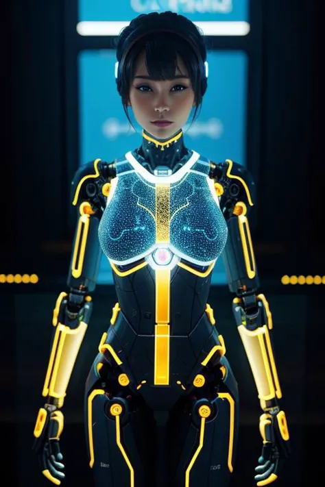 a woman in a futuristic suit standing in front of a screen